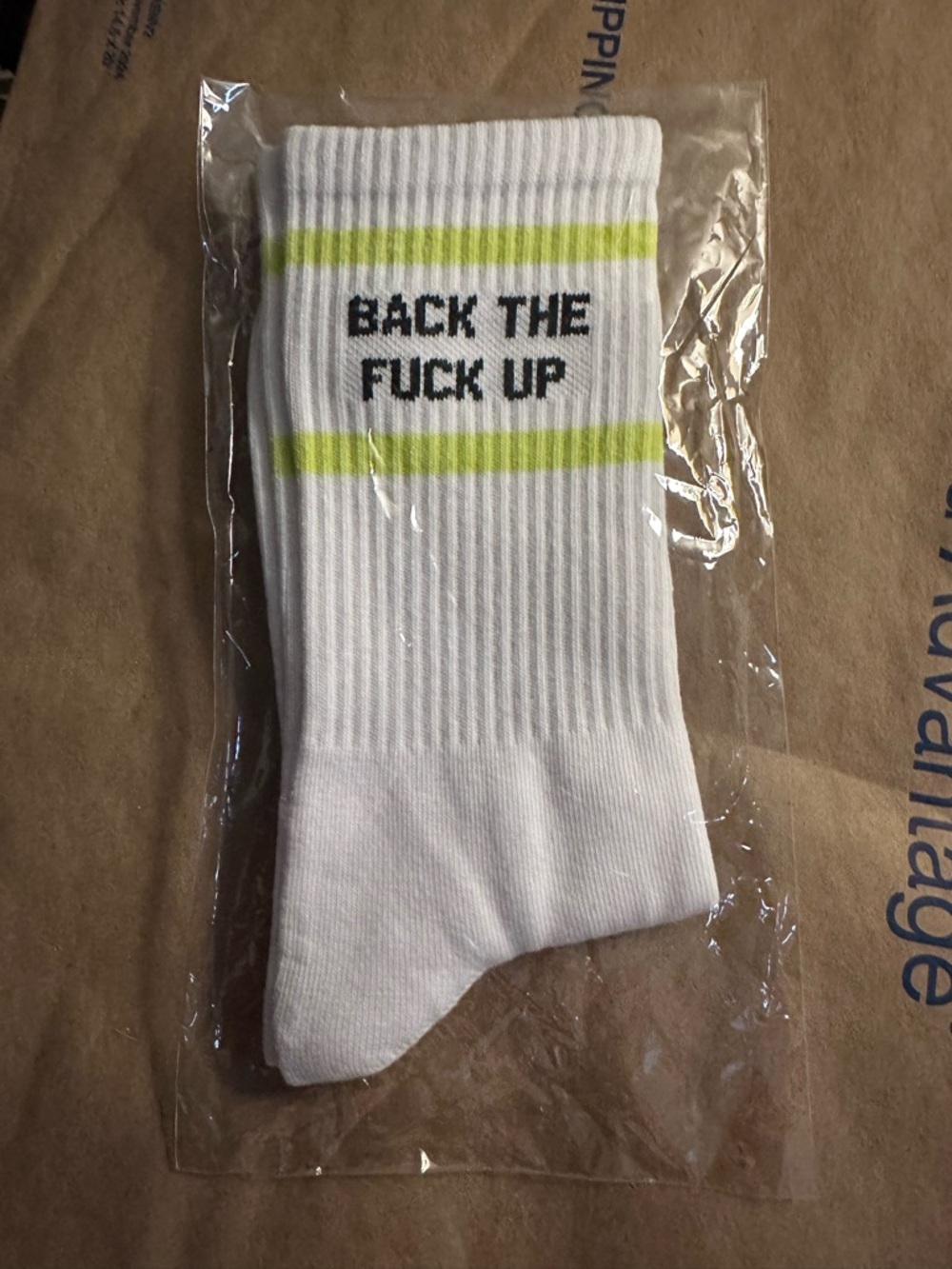 Funny & Vulgar Saying White Crew Socks with Neon Stripe and Bold